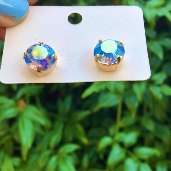 Iridescent Blue + Gold Crystal Earrings - Picture 7 of 16